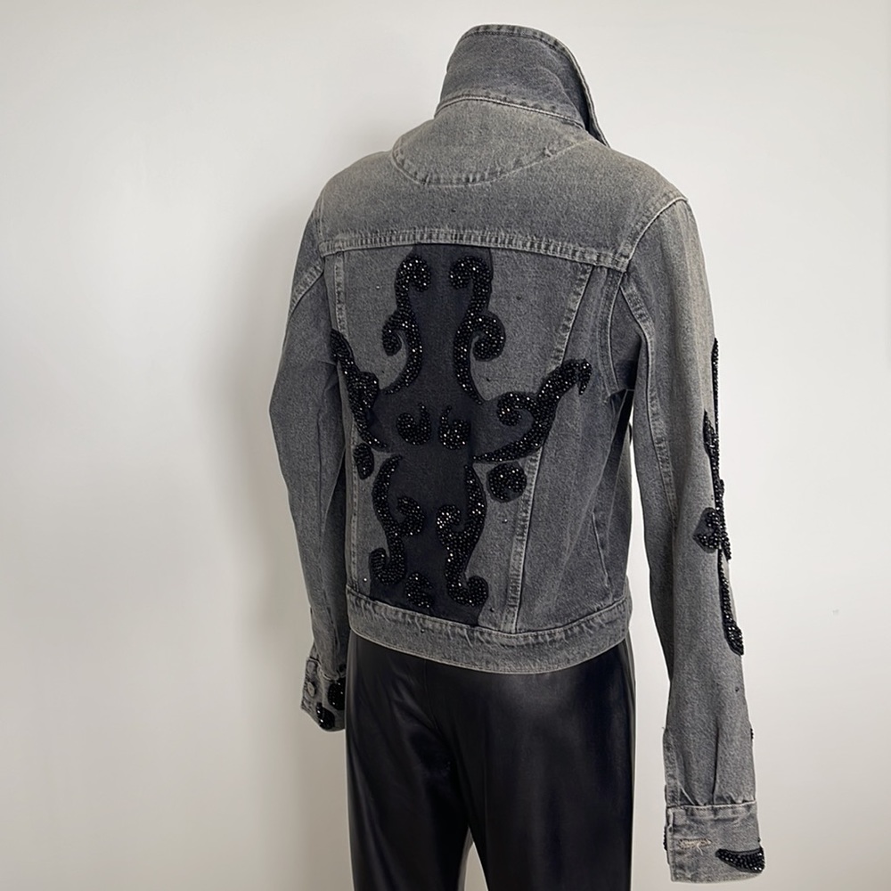 NWT! Celo distressed black gray denim jacket with black diamond application SM
